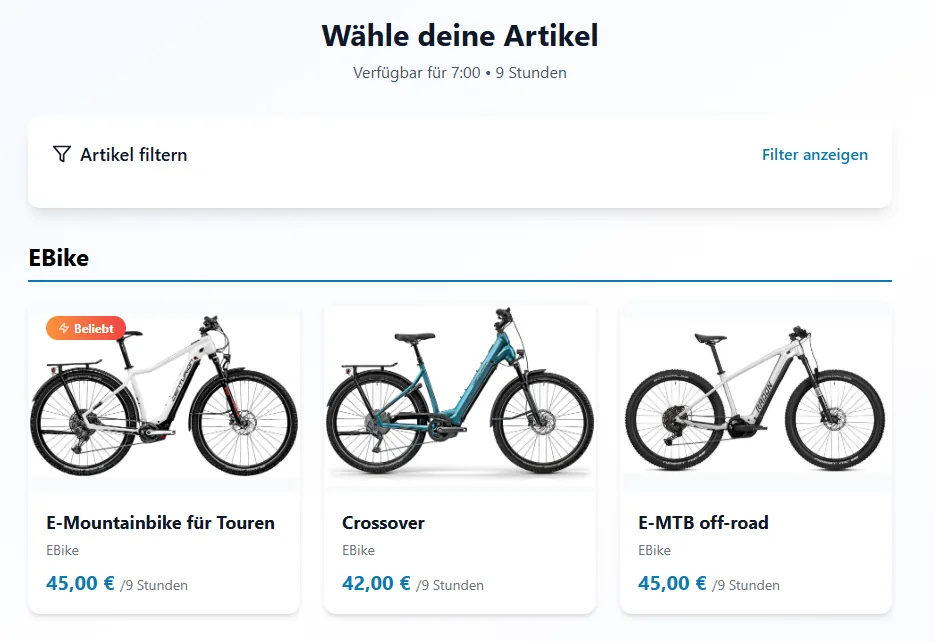 Shop: Artikel wählen, E-Bikes und Standardräder mit Preisen pro Mietzeitraum