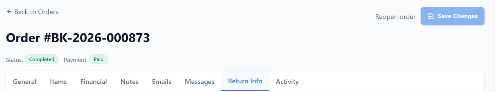 Booking detail header with status, payment and the eight tabs