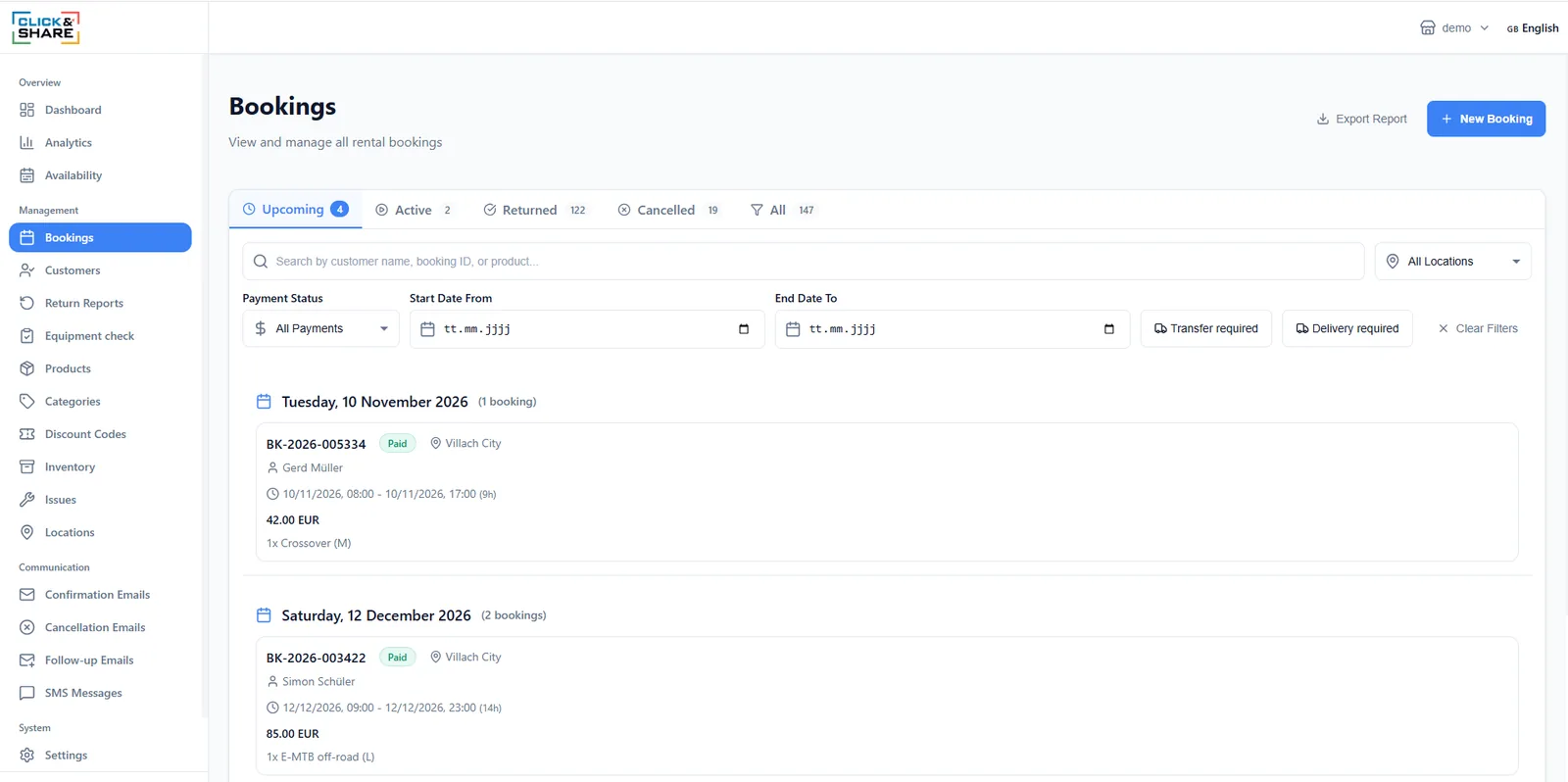 Bookings list with upcoming, active, returned and cancelled tabs, filters and booking cards