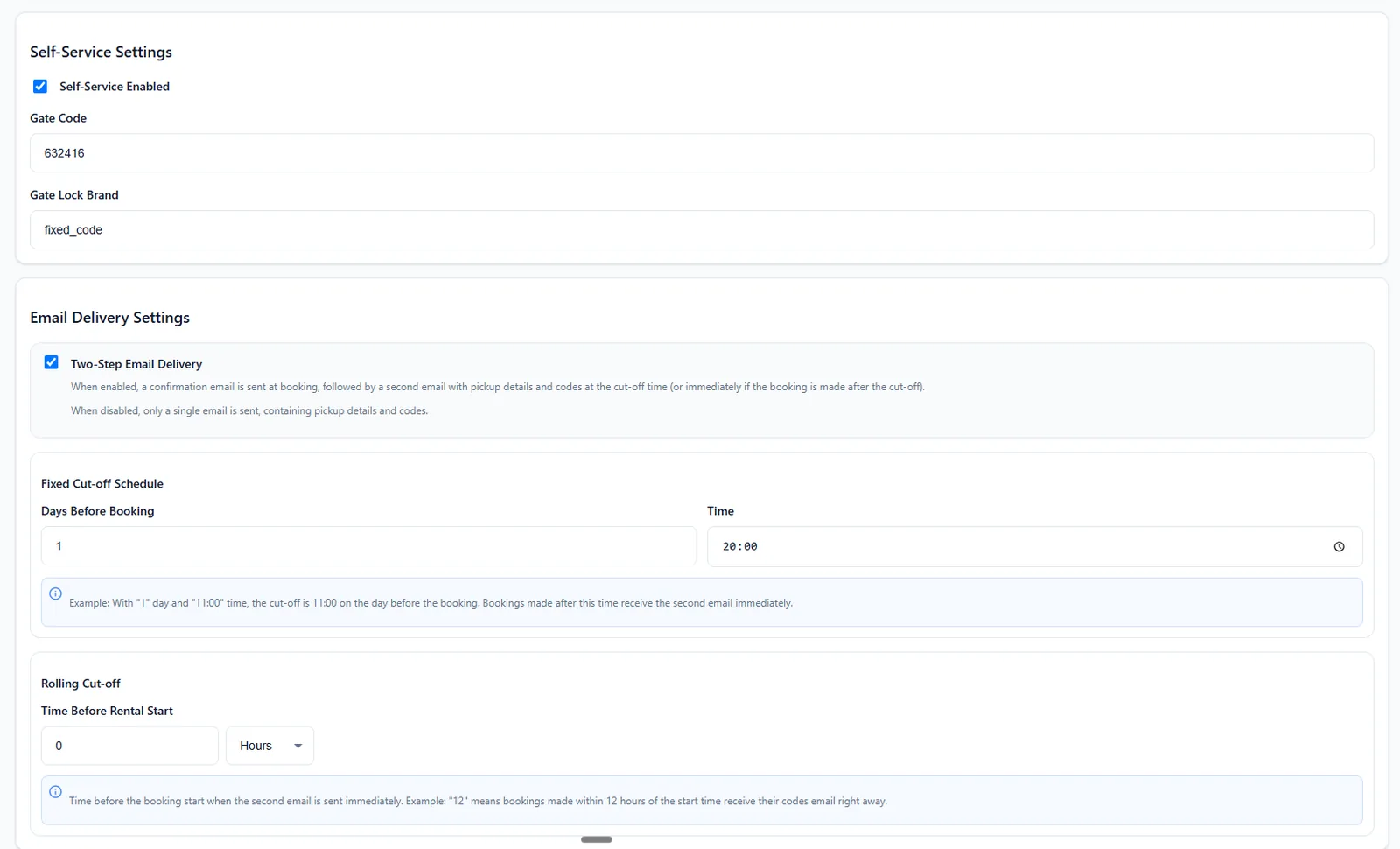 Location settings: self-service enabled, gate code, lock brand, two-step email delivery with fixed and rolling cut-off