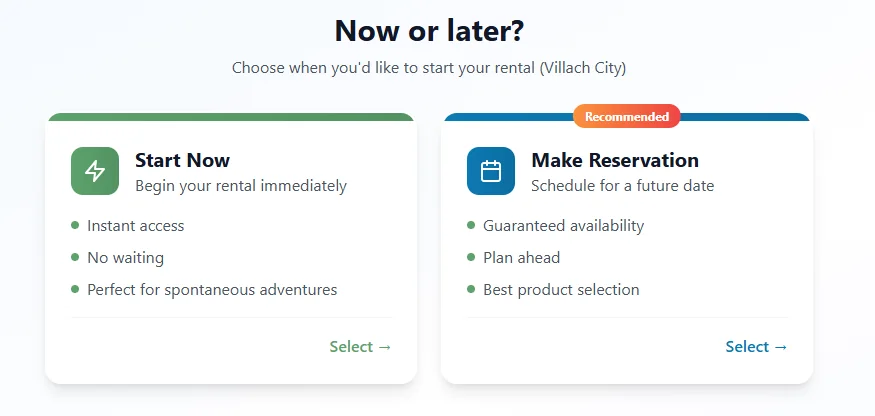 Store: choose Start Now for an immediate rental or Make Reservation for a future date